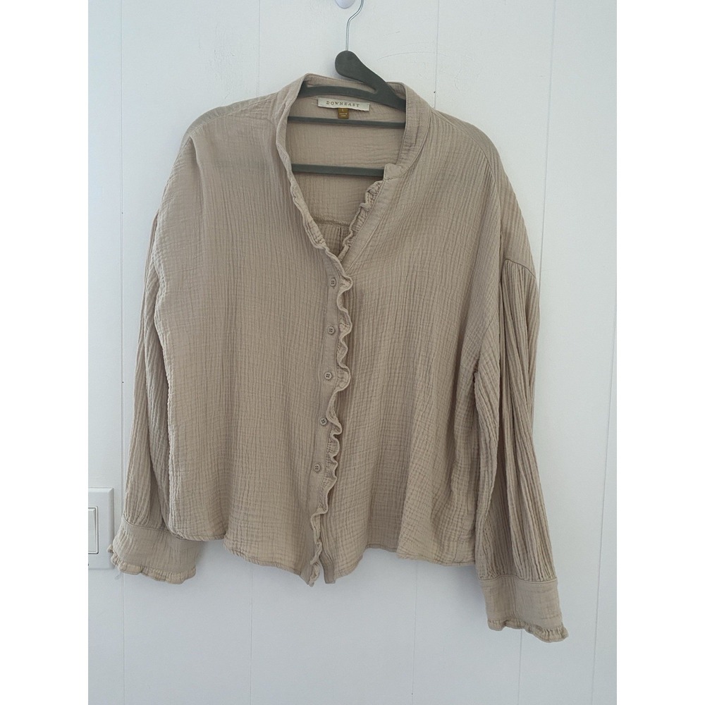 DOWNEAST Women's Size Large Cotton Gauzy Long Sleeve Button-Down Ruffled Beige
